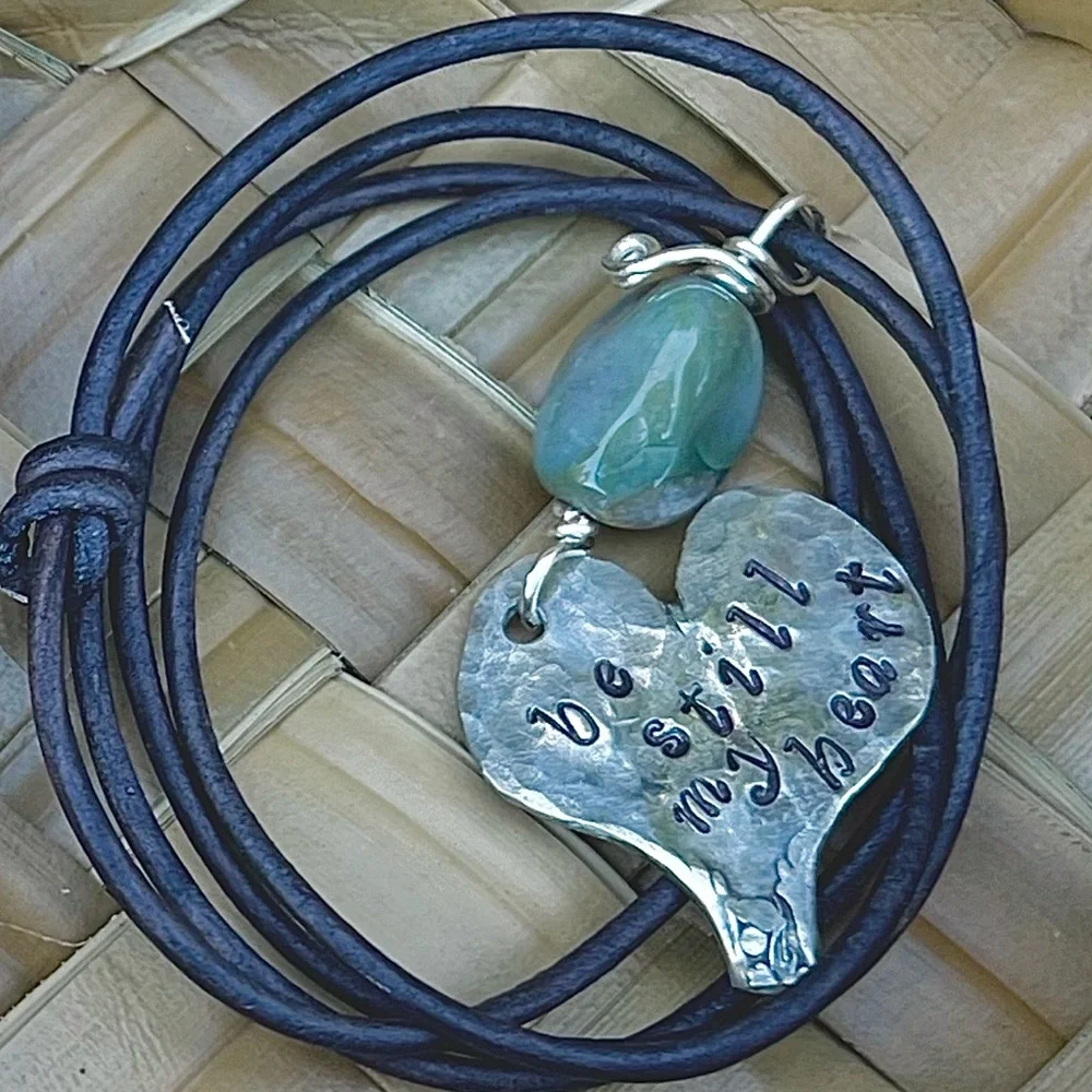 Handmade Vintage Spoon Heart Green Moss Agate Stone Necklace. Adjustable Length